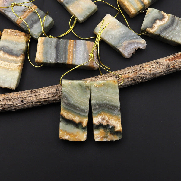 Small Natural Golden Green Amethyst Stalactite Slice Matched Earring Gemstone Bead Pair