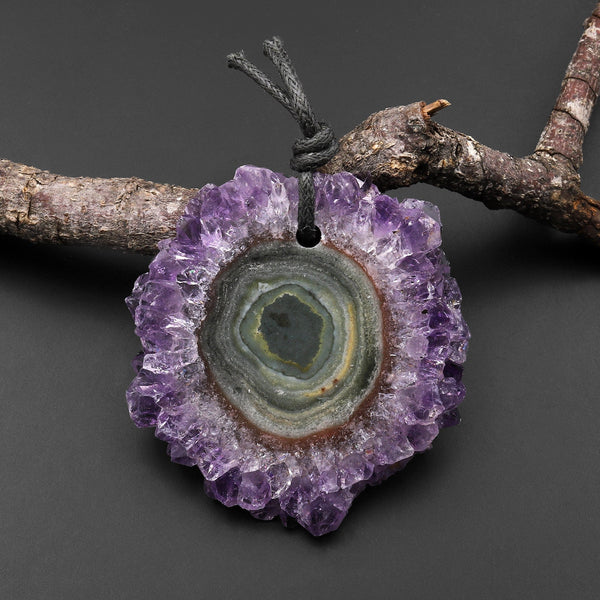 Natural Amethyst Stalactite Flower Pendant Flat Slice Freeform One of a Kind P0125