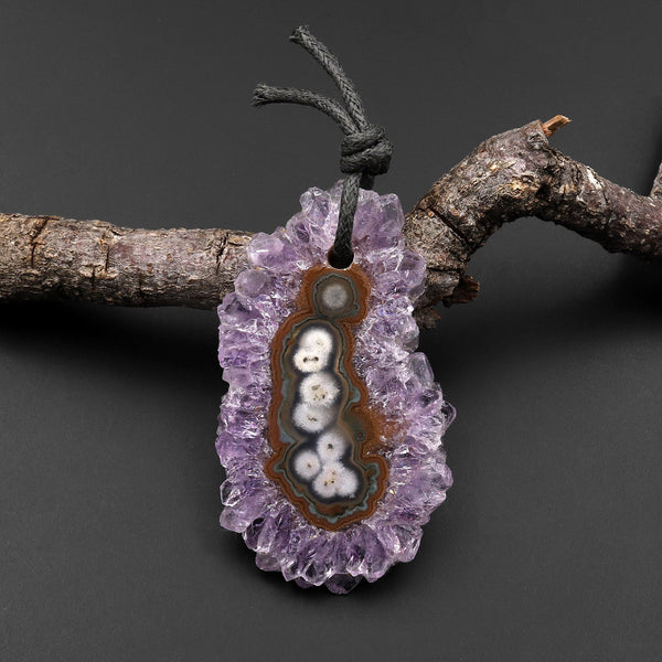 Natural Amethyst Stalactite Flower Pendant Flat Slice Freeform One of a Kind P0126