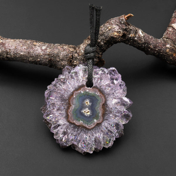 Natural Amethyst Stalactite Flower Pendant Flat Slice Freeform One of a Kind P0123