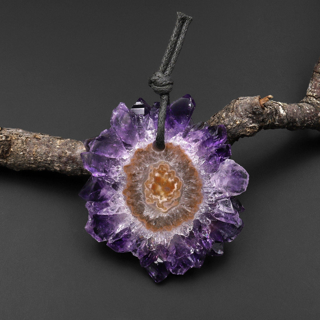 Natural Amethyst Stalactite Flower Pendant Flat Slice Freeform One of a Kind P0133