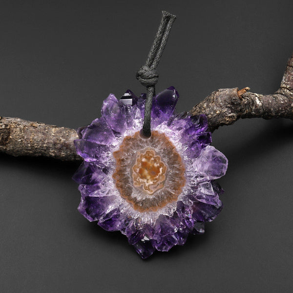 Natural Amethyst Stalactite Flower Pendant Flat Slice Freeform One of a Kind P0133