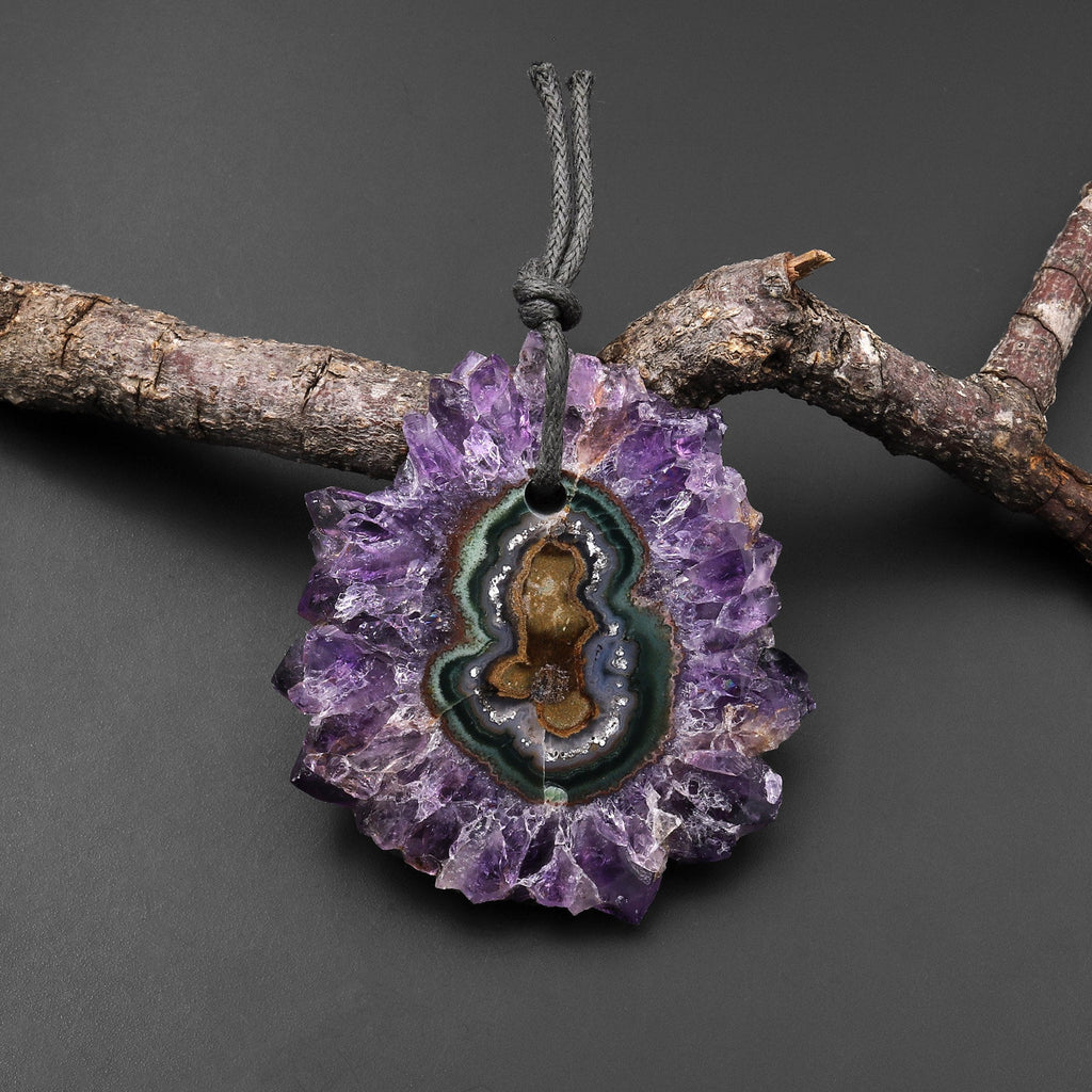 Natural Amethyst Stalactite Flower Pendant Flat Slice Freeform One of a Kind P0136