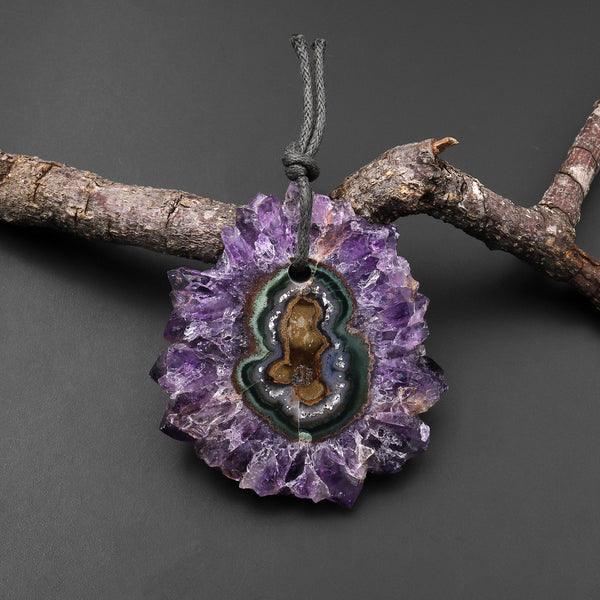 Natural Amethyst Stalactite Flower Pendant Flat Slice Freeform One of a Kind P0136