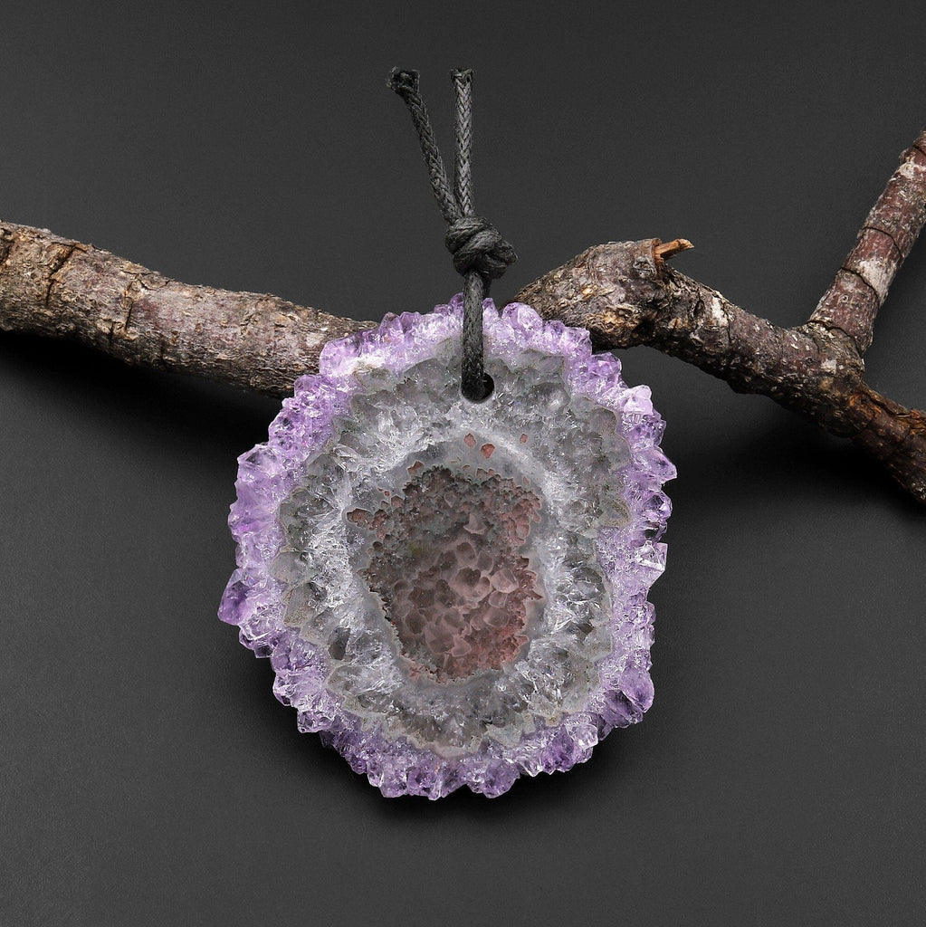 Natural Amethyst Stalactite Flower Pendant Flat Slice Freeform One of a Kind P0147