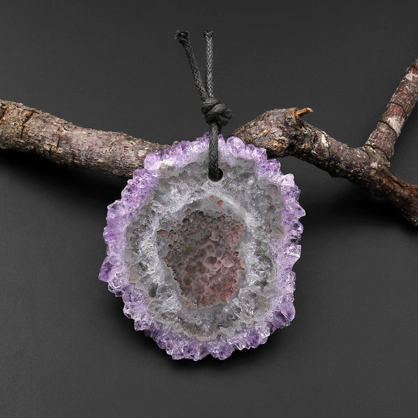 Natural Amethyst Stalactite Flower Pendant Flat Slice Freeform One of a Kind P0147