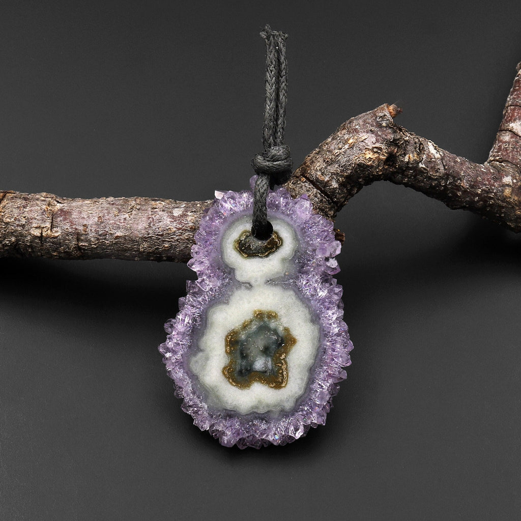 Natural Amethyst Stalactite Flower Pendant Flat Slice Freeform One of a Kind P0144