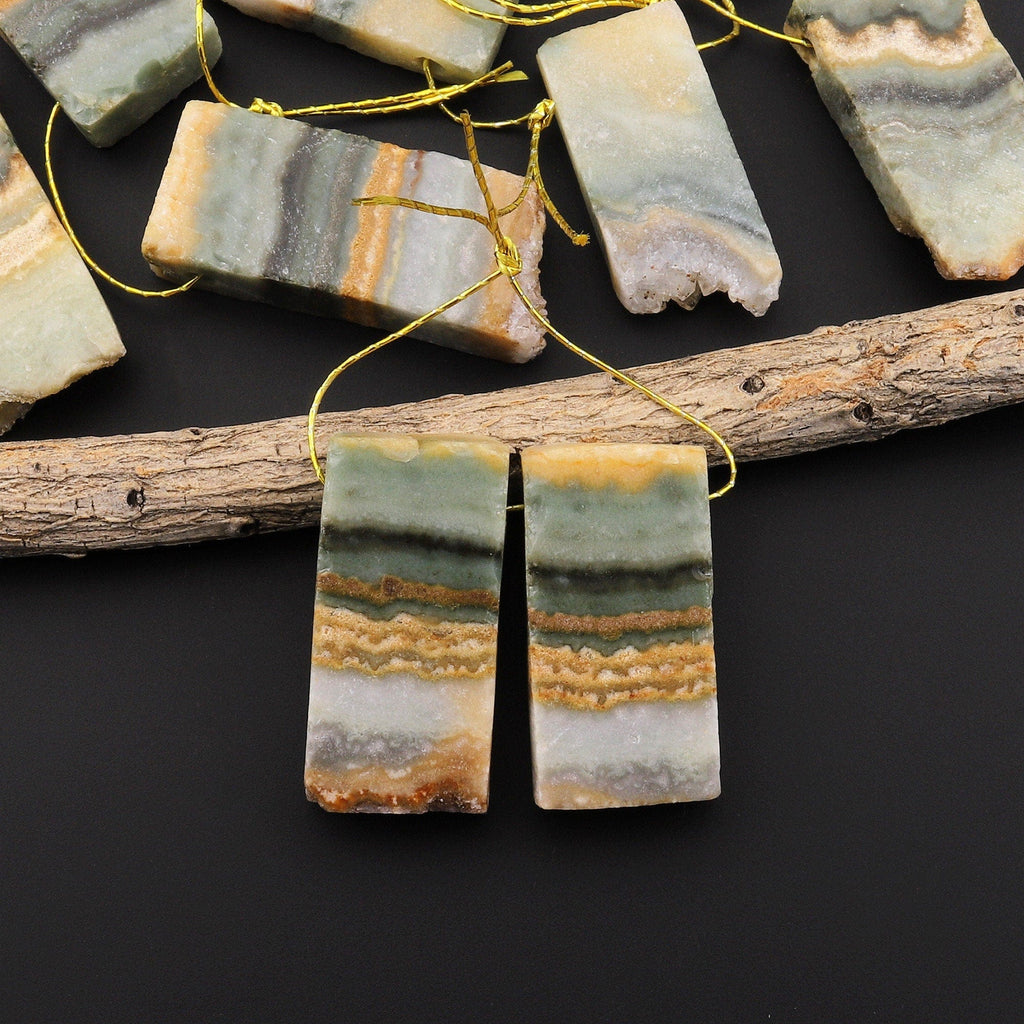 Small Natural Pink Purple Green Amethyst Stalactite Slice Matched Earring Gemstone Bead Pair A6