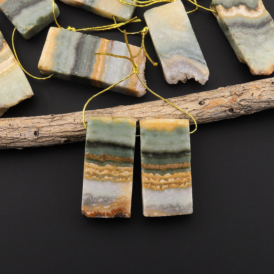 Small Natural Pink Purple Green Amethyst Stalactite Slice Matched Earring Gemstone Bead Pair A6