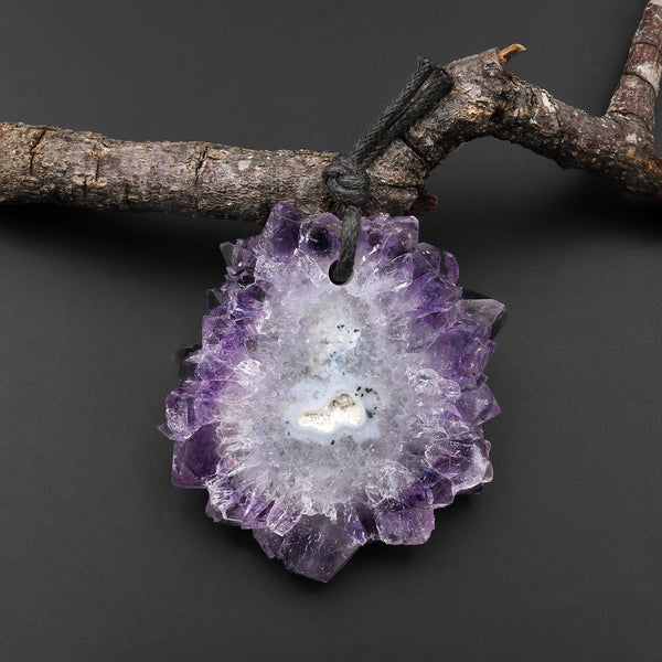 Natural Amethyst Stalactite Flower Pendant Flat Slice Freeform One of a Kind P0178