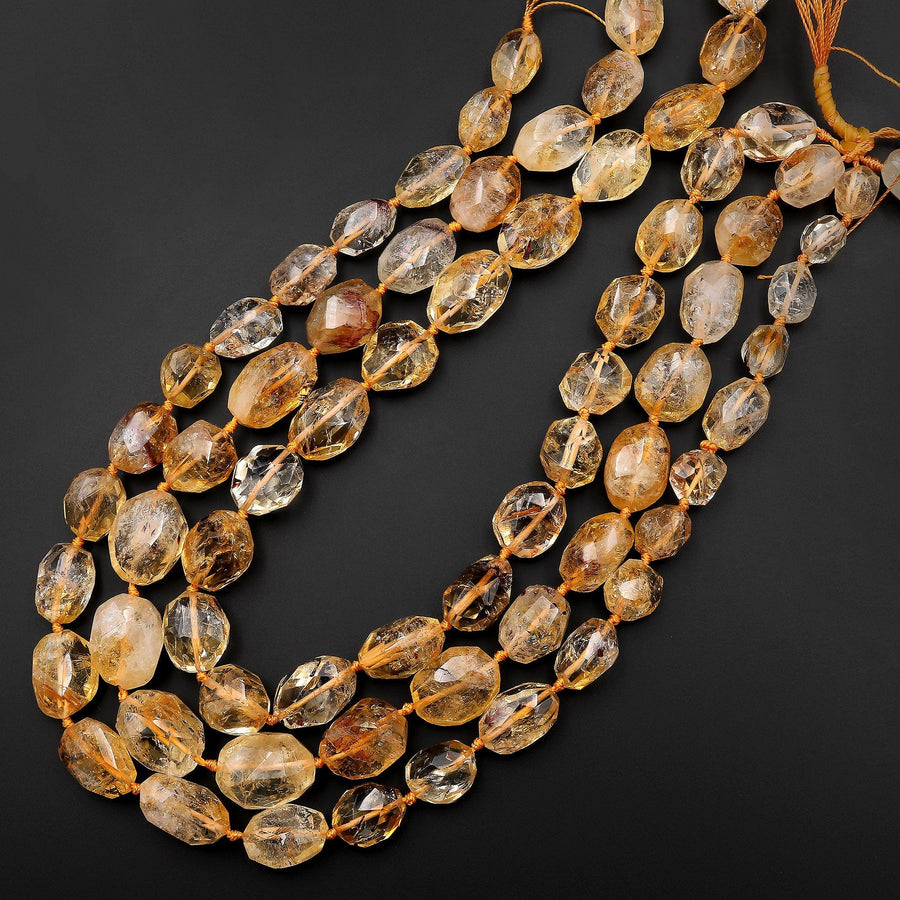 AAA Hand Cut Natural Golden Yellow Citrine W/ Cacoxenite Beads Faceted Oval Puffy Nuggets 15.5" Strand