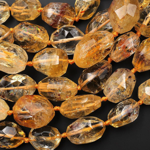 AAA Hand Cut Natural Golden Yellow Citrine W/ Cacoxenite Beads Faceted Oval Puffy Nuggets 15.5" Strand
