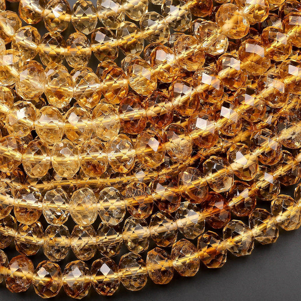 AAA Faceted Natural Golden Yellow Citrine Rondelle Beads 7mm 8mm Graduated Ombre Colors Extra Clarity 15.5" Strand