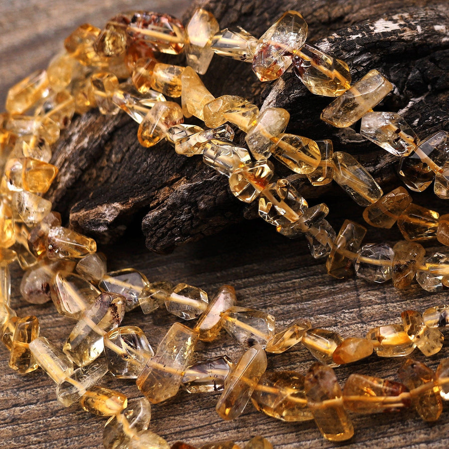 AAA Faceted Natural Golden Citrine W/ Cacoxenite Freeform Nugget Beads Handcut Orange Golden Gemstone Super Gemmy 15.5" Strand