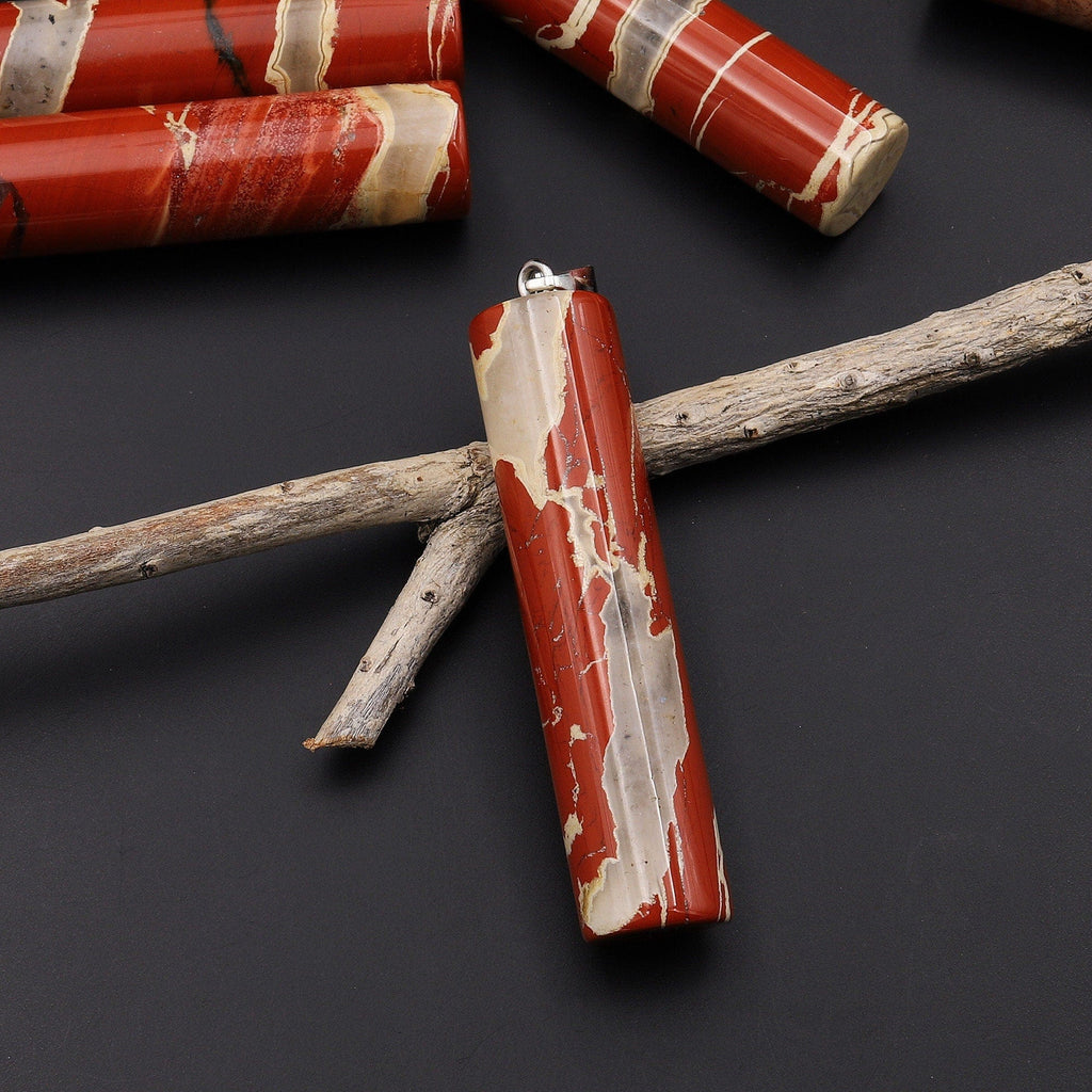 Natural Red River Jasper Long Cylinder Pendant Natural Crystal Focal Bead A2