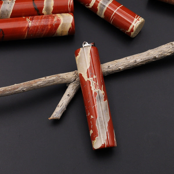 Natural Red River Jasper Long Cylinder Pendant Natural Crystal Focal Bead A2