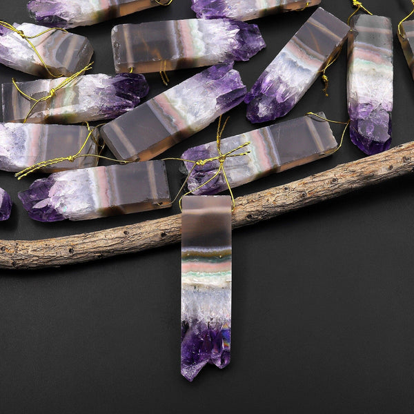 Natural Purple Amethyst Stalactite Long Thin Rectangle Pendant Side Drilled Focal Bead A1