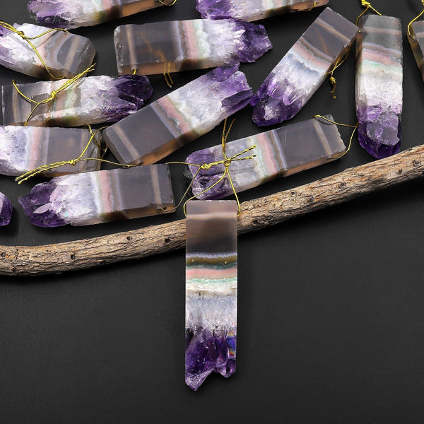 Natural Purple Amethyst Stalactite Long Thin Rectangle Pendant Side Drilled Focal Bead