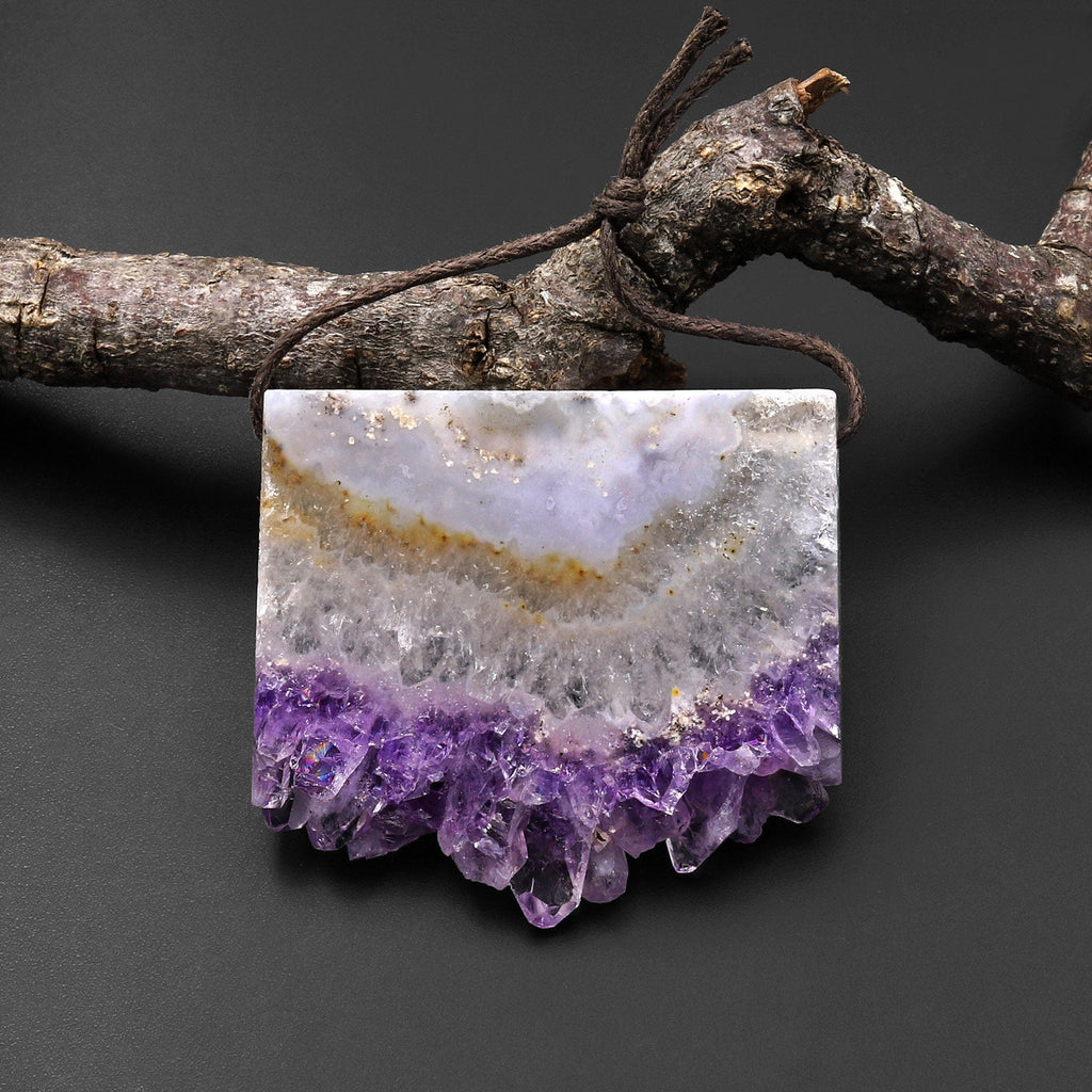 Natural White Purple Amethyst Stalactite Rectangle Pendant Side Drilled Freeform Crystal