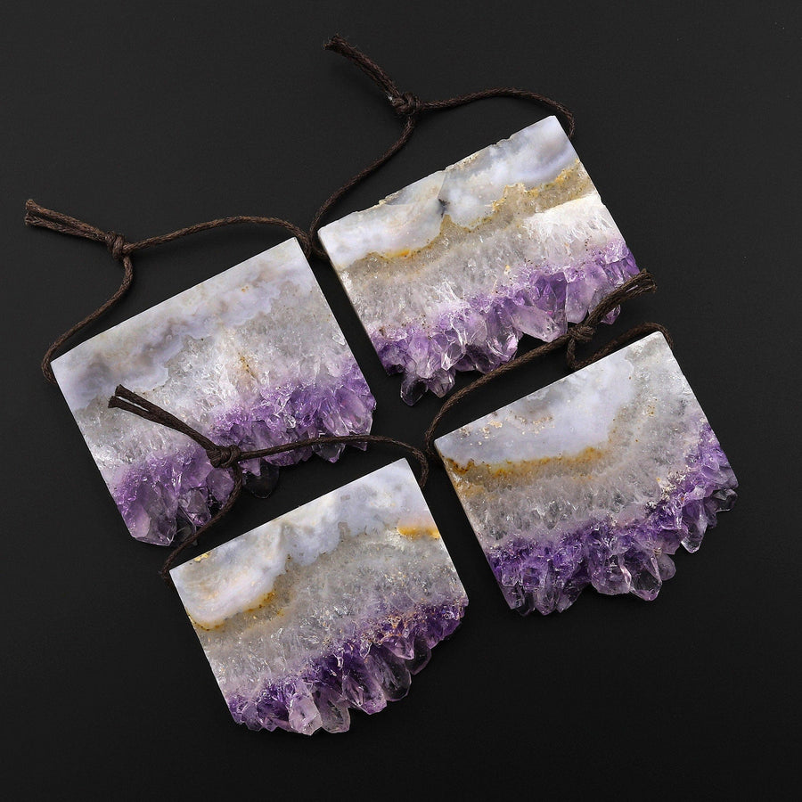 Natural White Purple Amethyst Stalactite Rectangle Pendant Side Drilled Freeform Crystal