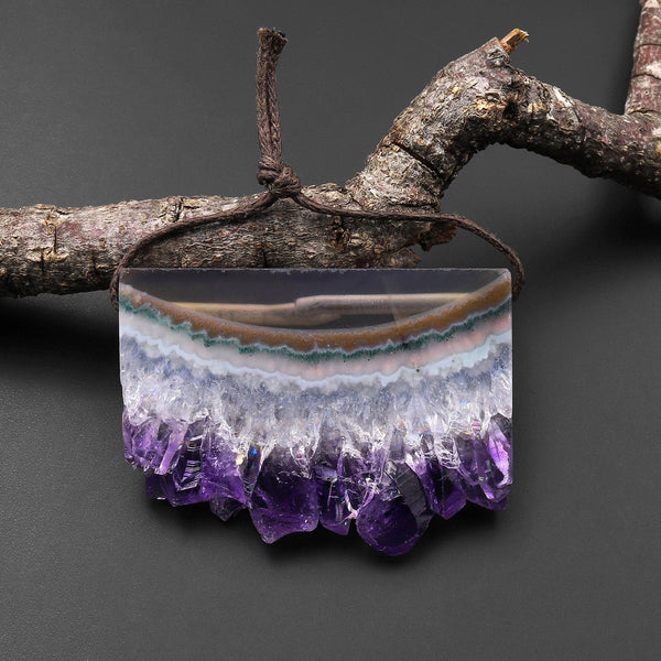 Natural Smoky Quartz Purple Amethyst Stalactite Rectangle Pendant Top Side Drilled Focal Bead A1
