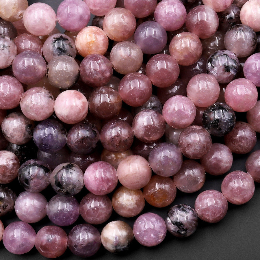 Rare Natural Pink Purple Flower Lepidolite 6mm 8mm Round Beads Chatoyant Feldspar Matrix 15.5" Strand