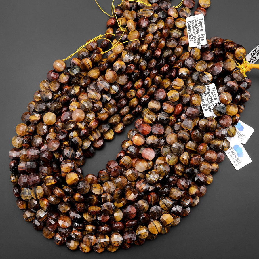 Faceted Natural Brown Red Tiger's Eye 10mm Coin Beads Gemstone 15.5" Strand
