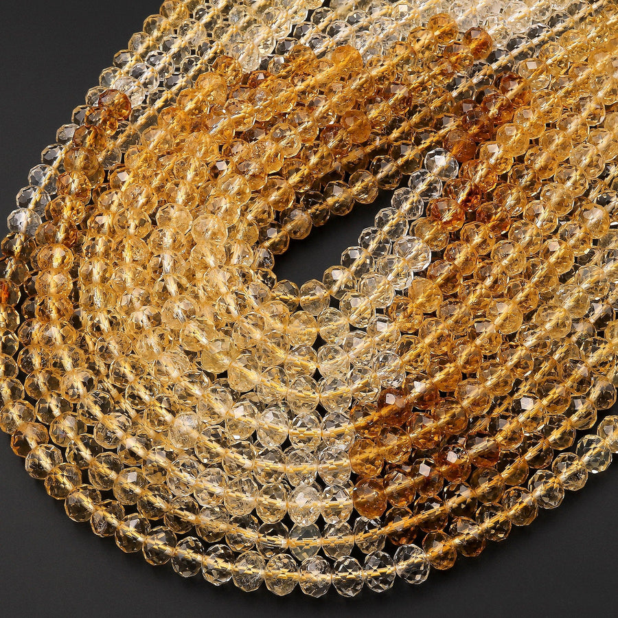 AAA Faceted Natural Golden Yellow Citrine Rondelle Beads 6mm 7mm 8mm Graduated Ombre Colors 15.5" Strand