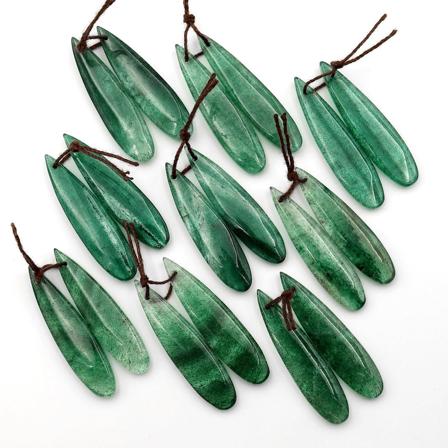 Natural African Green Chalcedony Earring Pair Drilled Gemstone Thin Long Teardrop Matched Beads