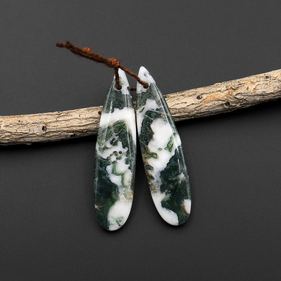 Natural Green Moss Agate Earring Pair Drilled Teardrop Cabochon Cab Pair Matched Gemstone Beads