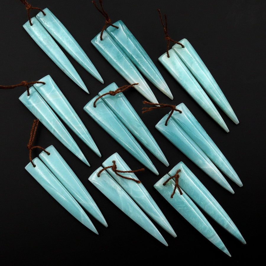 Super Long Linear Dagger Long Triangle Earring Pair Matched Gemstone Natural Sea Blue Amazonite Beads