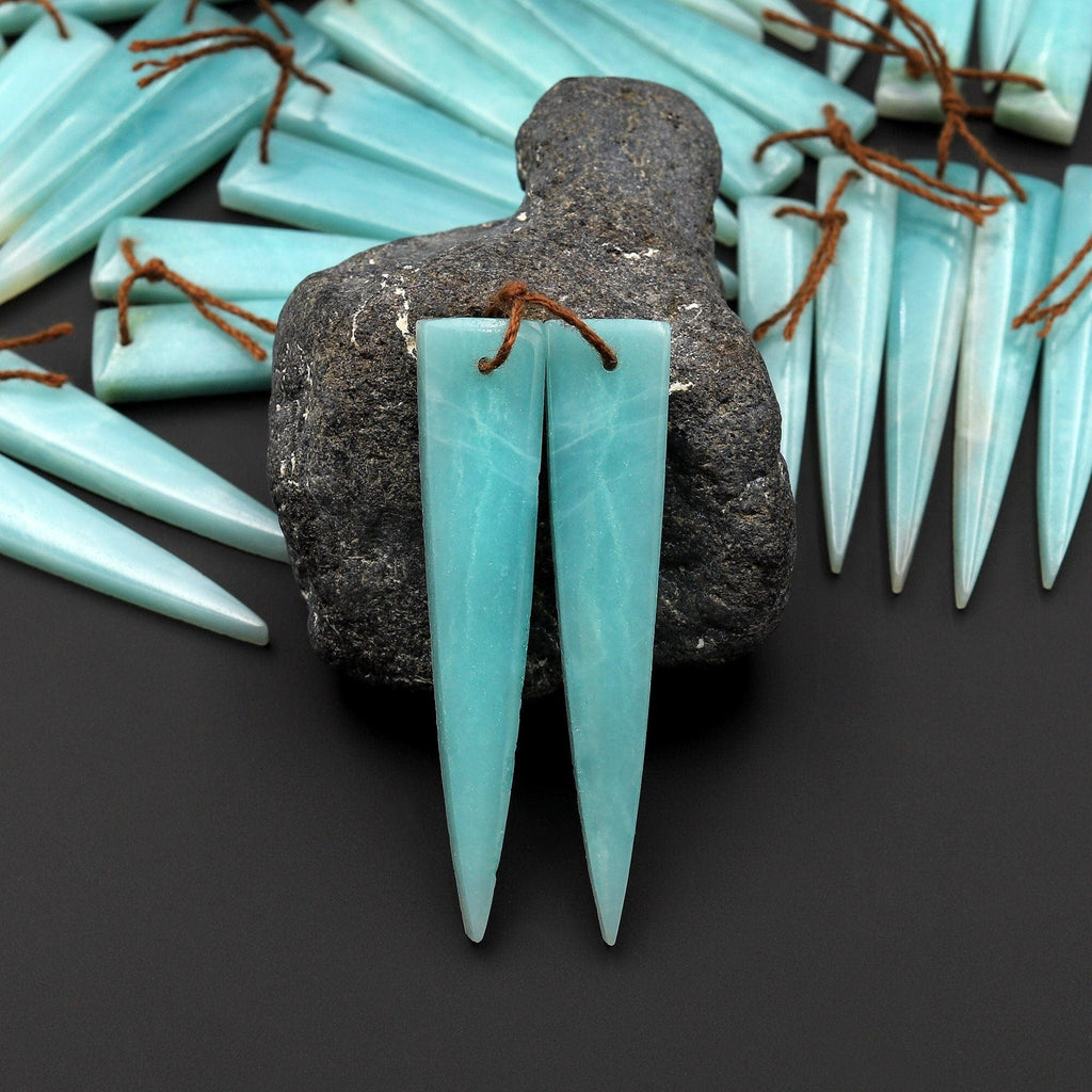 Super Long Linear Dagger Long Triangle Earring Pair Matched Gemstone Natural Sea Blue Amazonite Beads A1