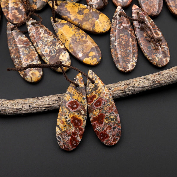 Natural Leopard Skin Orbicular Jasper Earring Pair Gemstone Drilled Matched Teardrop Beads