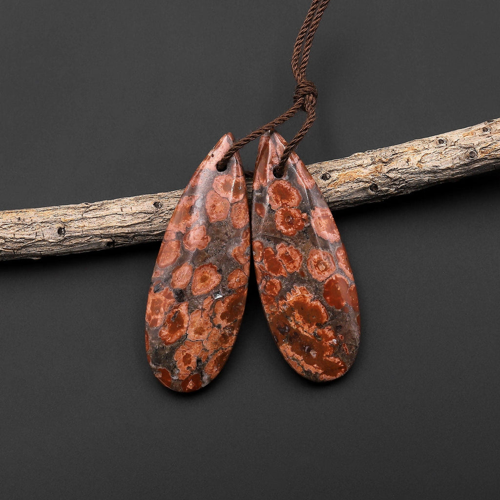 Natural Leopard Skin Orbicular Jasper Earring Pair Gemstone Drilled Matched Teardrop Beads A3