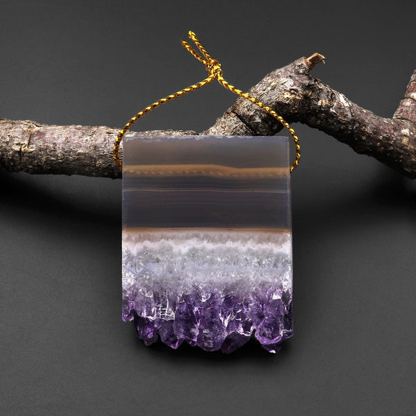 Natural Smoky Quartz White Purple Amethyst Stalactite Druzy Pendant Side Drilled Rectangle