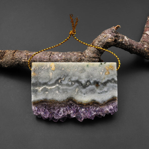 Natural Slate Green Purple Amethyst Stalactite Druzy Pendant Side Drilled Rectangle A1