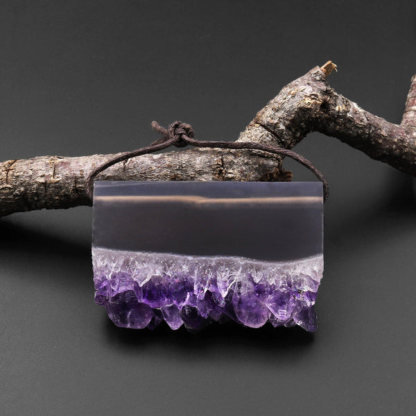Natural Gray Smoky Quartz Purple Amethyst Stalactite Druzy Pendant Side Drilled Rectangle A1