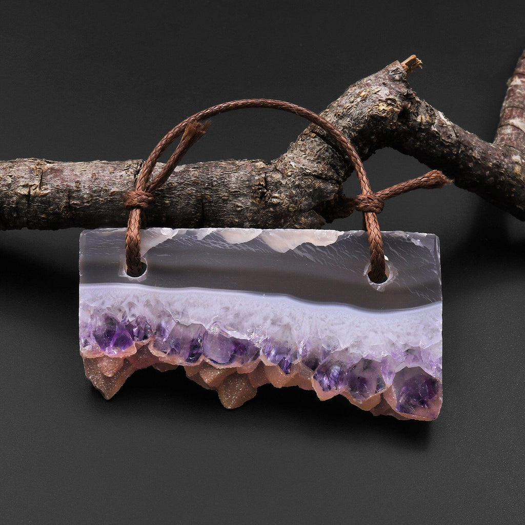 2 Hole Pendant Natural Peach Purple Amethyst Crystal Stalactite Druzy Pendant Drilled Flat Long Rectangle