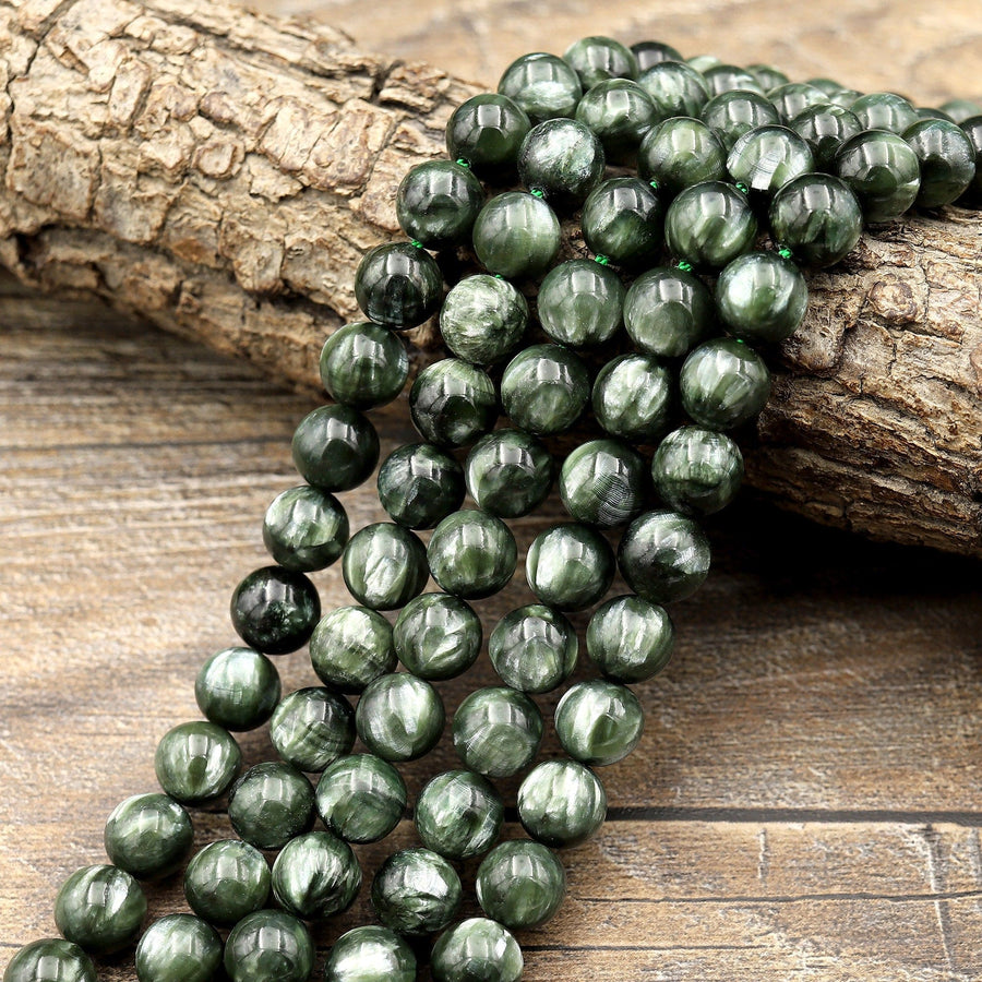 AAA Russian Seraphinite Smooth Round Beads 6mm 8mm 10mm Real Genuine Green Gemstone 15.5" Strand