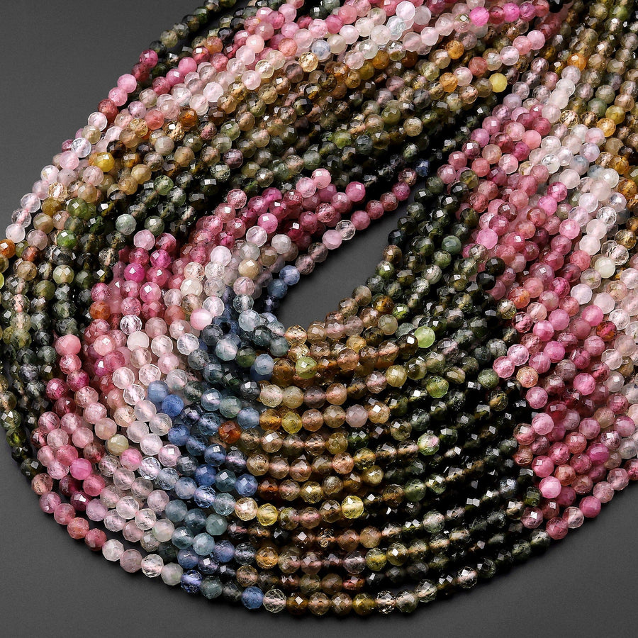 AAA Natural Tourmaline Micro Faceted 3mm Round Multicolor Pink Green Blue Yellow Gemstone Beads 15.5" Strand