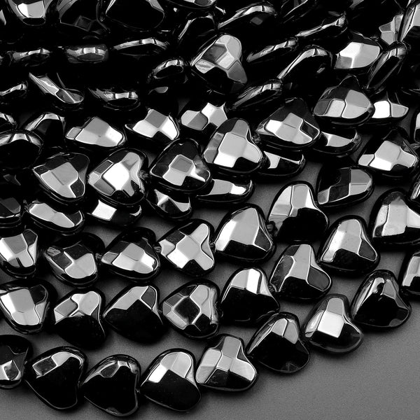 AAA Faceted Natural Black Onyx Heart Beads 8mm 14.5" Strand
