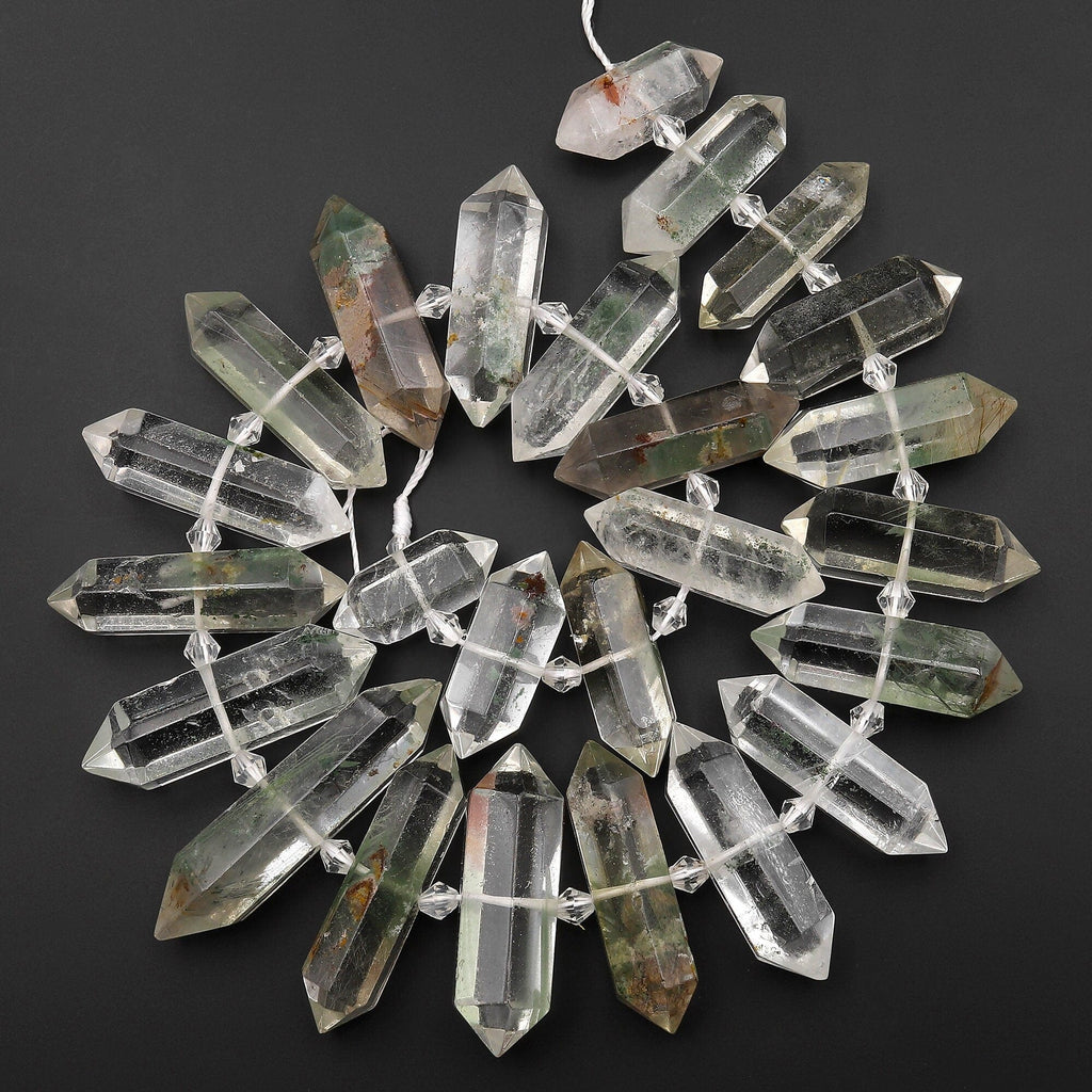 Rare Natural Rock Quartz Beads W Green Lodalite Matrix Center Drilled Faceted Double Terminated Points 15.5" Strand