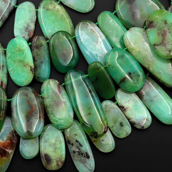 Large Natural Australian Green Chrysoprase Beads Nuggets Side Drilled Long Oval Focal Bead Pendant 15.5" Strand