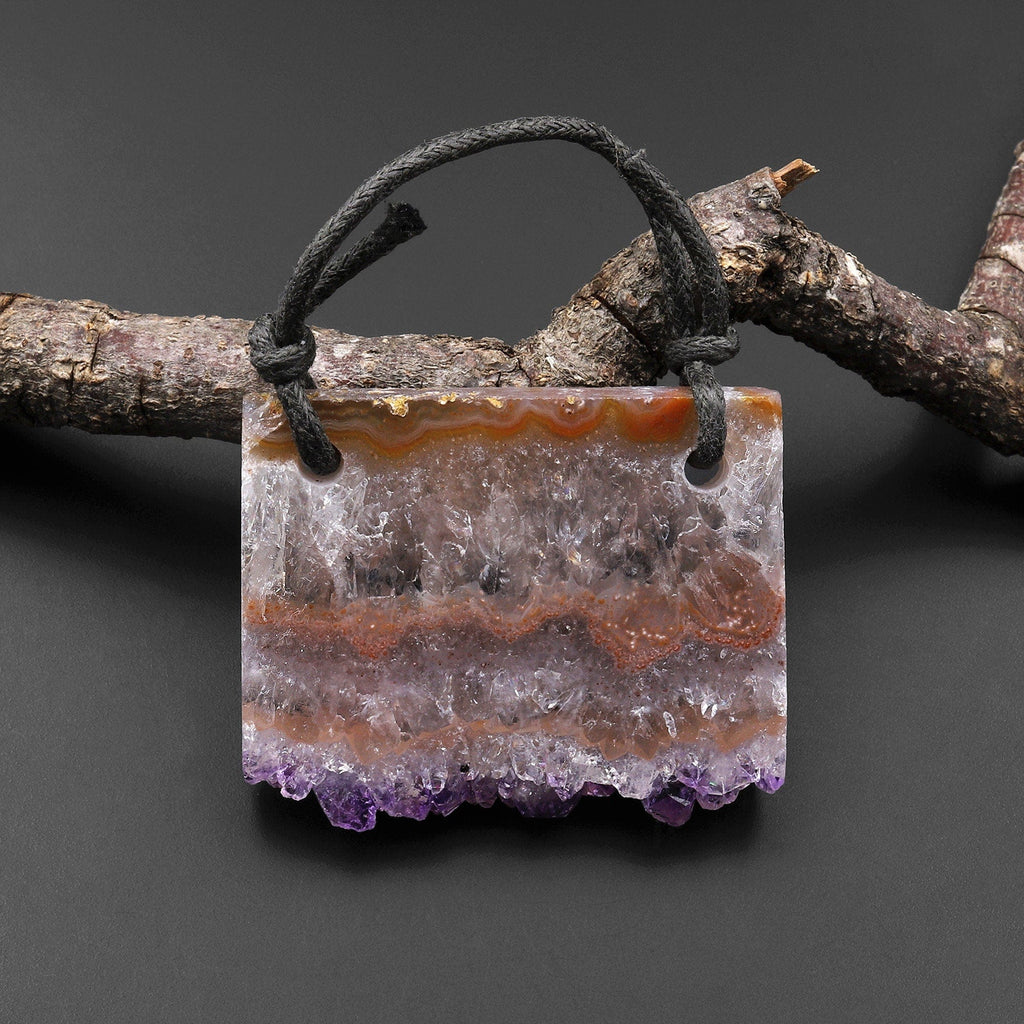 2 Hole Pendant Natural Peach Purple Amethyst Stalactite Druzy Pendant Drilled Flat Slice Long Rectangle A1