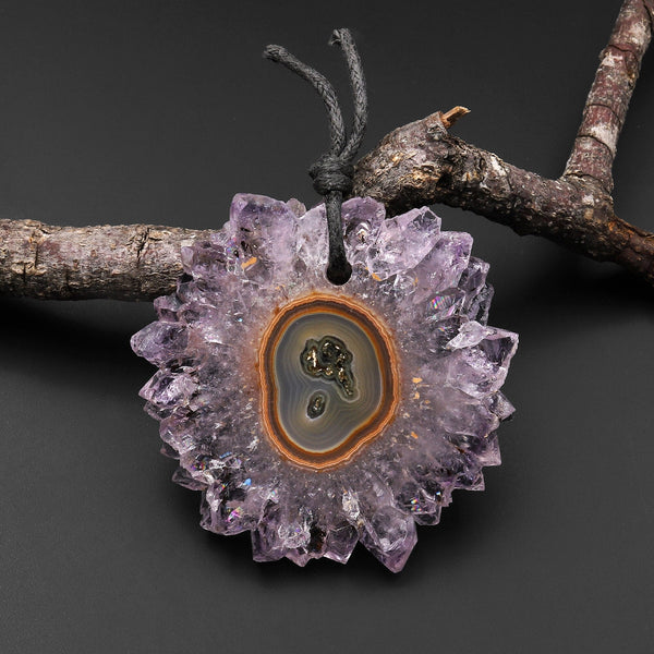 Natural Amethyst Stalactite Flower Pendant Flat Slice Freeform One of a Kind P0150