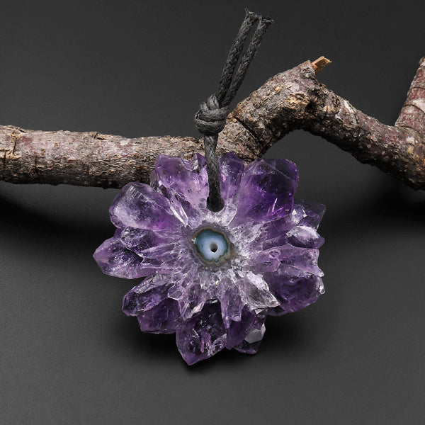 Natural Amethyst Stalactite Flower Pendant Flat Slice Freeform One of a Kind P0151