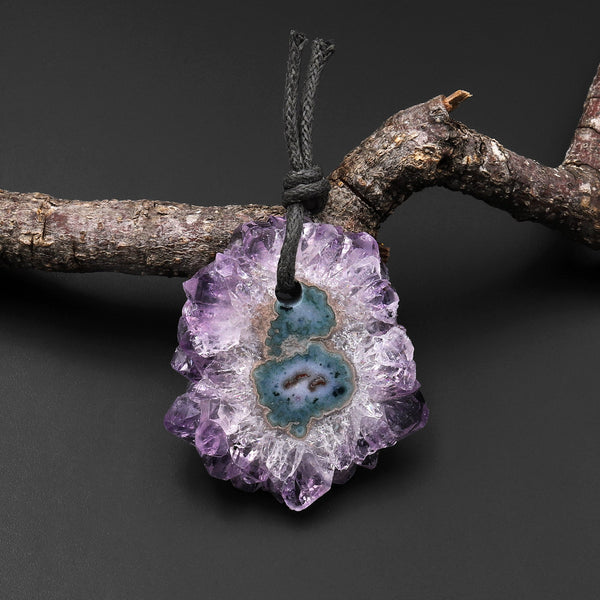 Natural Amethyst Stalactite Flower Pendant Flat Slice Freeform One of a Kind P0152