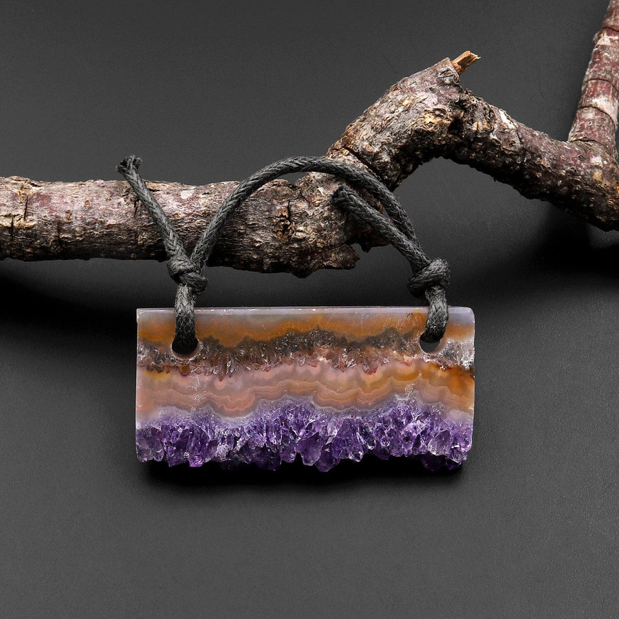 2 Hole Pendant Natural Bright Orange Purple Amethyst Stalactite Druzy Pendant Drilled Flat Slice Long Rectangle