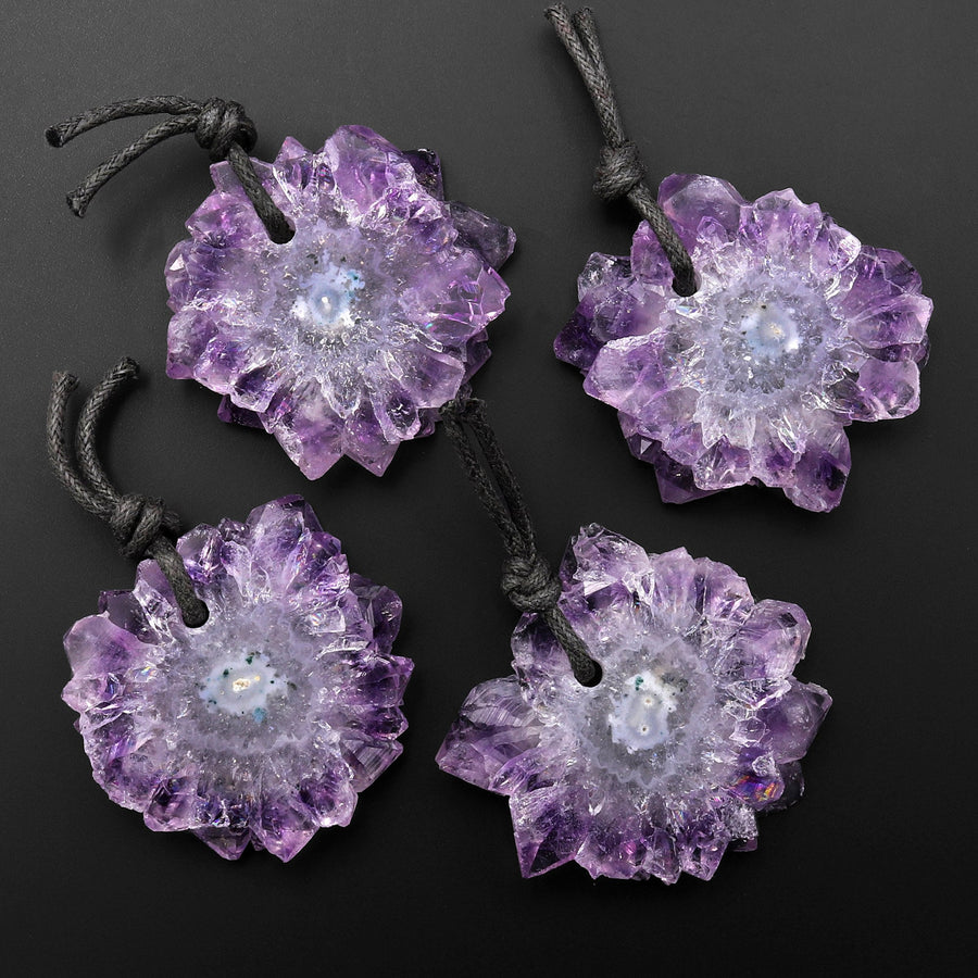 Natural Purple Amethyst Stalactite Crystal Druzy Flower Pendant