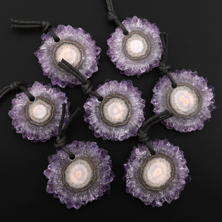 Natural Purple Amethyst Stalactite Crystal Druzy Flower Blossom Pendant